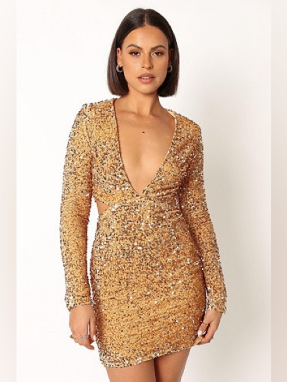 Petal & Pup Kelly Gold Sequin Cutout Mini Dress Long Sleeve Cocktail Homecoming